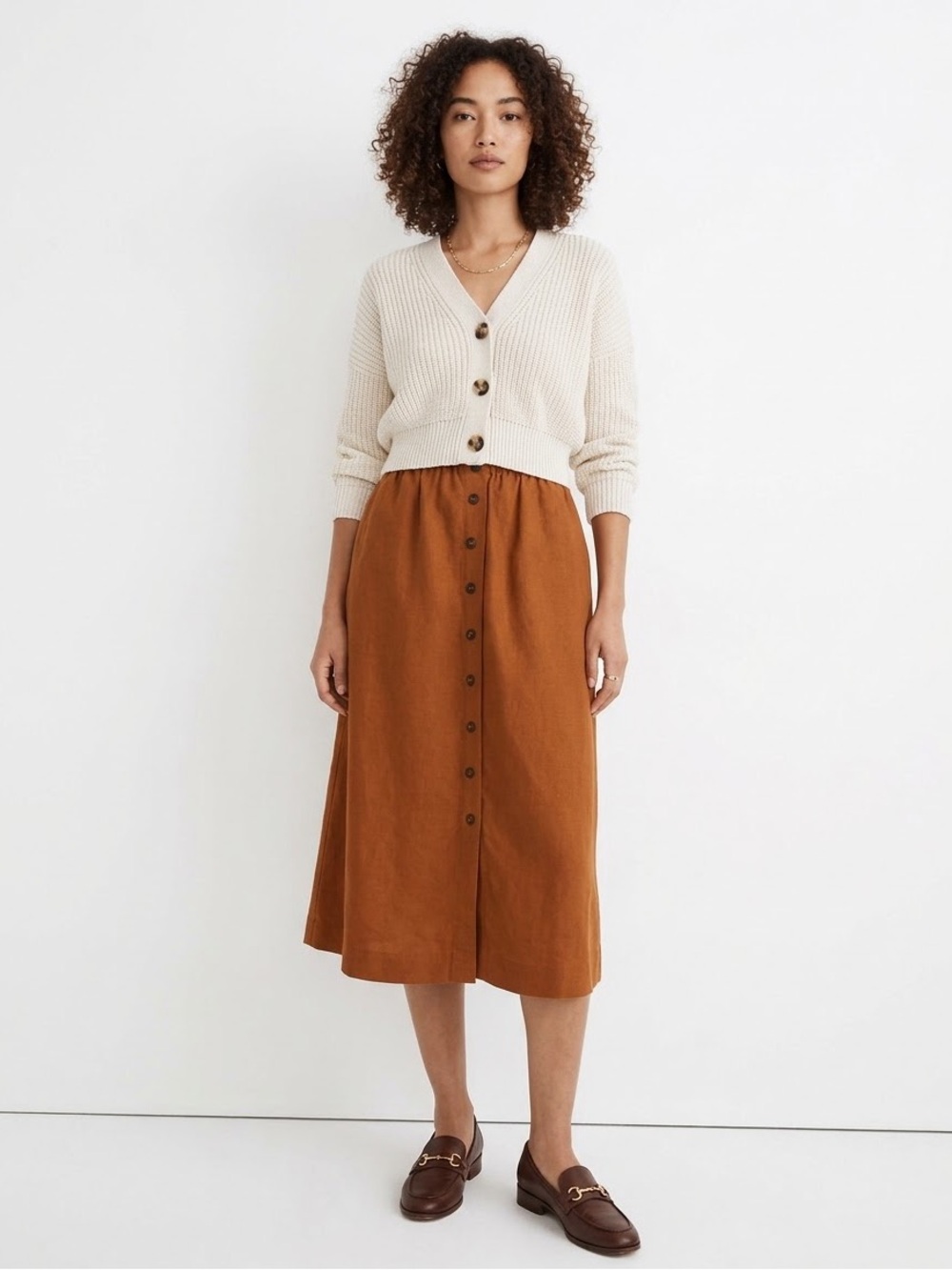 Madewell Linen-Blend Button-Front Pull-On Midi Skirt in Golden Pecan